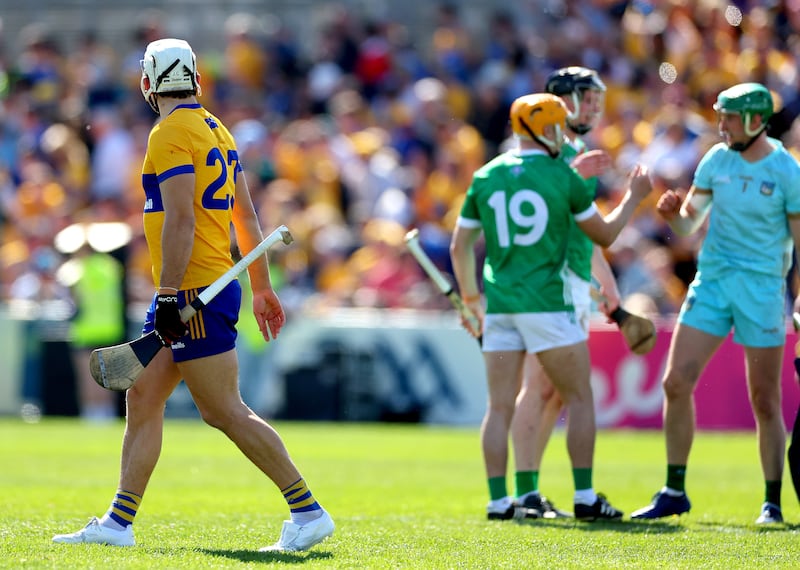 Clare’s Aaron Shanagher dejected after defeat to Limerick Photograph: James Crombie/Inpho