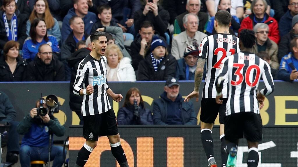 Ayoze Perez celebrates Newcastle’s second against Leicester. Photograph: Darren staples/Reuters