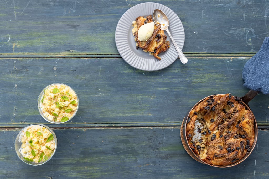 ‘Piña colada’ panna cotta; and bread and butter pudding. Photograph: Harry Weir