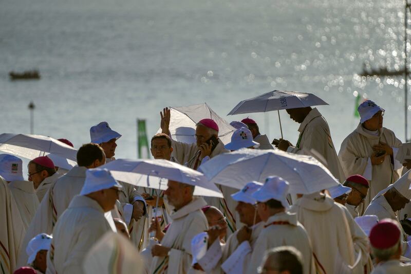 Sunday’s Mass in Lisbon was held early in the mornig to avoid the searing heat of 40 degrees forecast for midday. Photograph: Gregorio Borgia/AP