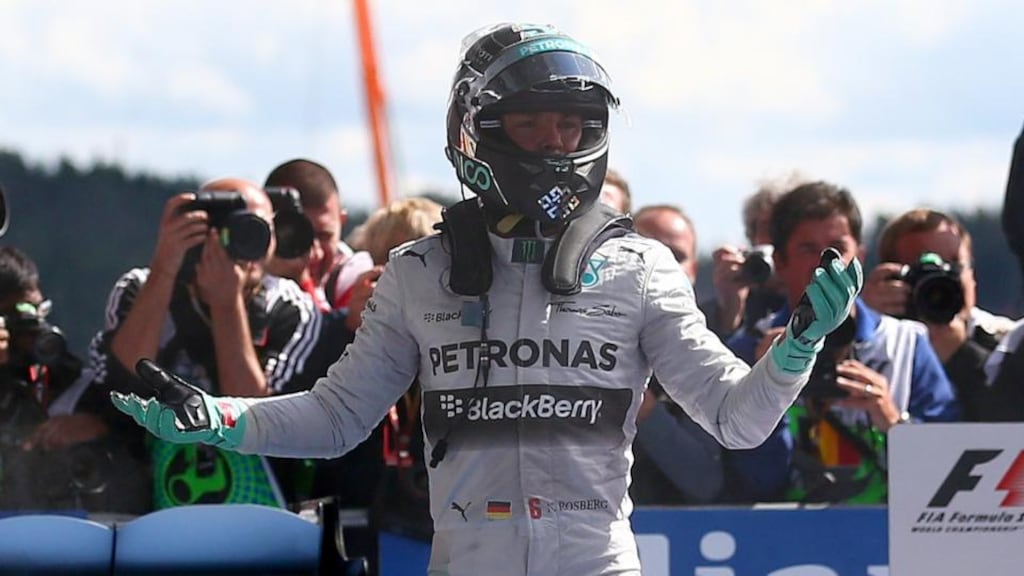 Nico Rosberg of Germany and Mercedes after getting out of his car in Parc Ferme after finishing second in the Belgian Grand Prix at Circuit de Spa-Francorchamps. Photograph: Dan Istitene/Getty Images