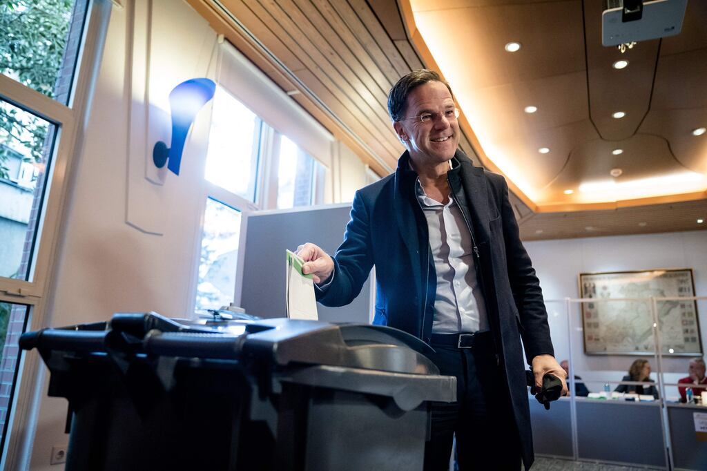 Mark Rutte casts his ballot to vote in the provincial council and the general boards of the water boards elections in The Hague, the Netherlands. Photograph: Bart Maat/ANP/AFP via Getty
