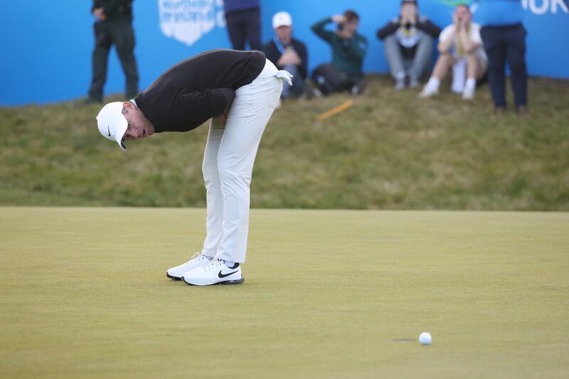 Rory McIlroy reacts after missing a putt for an eagle on the 18th hole at Royal County Down. Photograph: Peter Morrison/PA Wire
