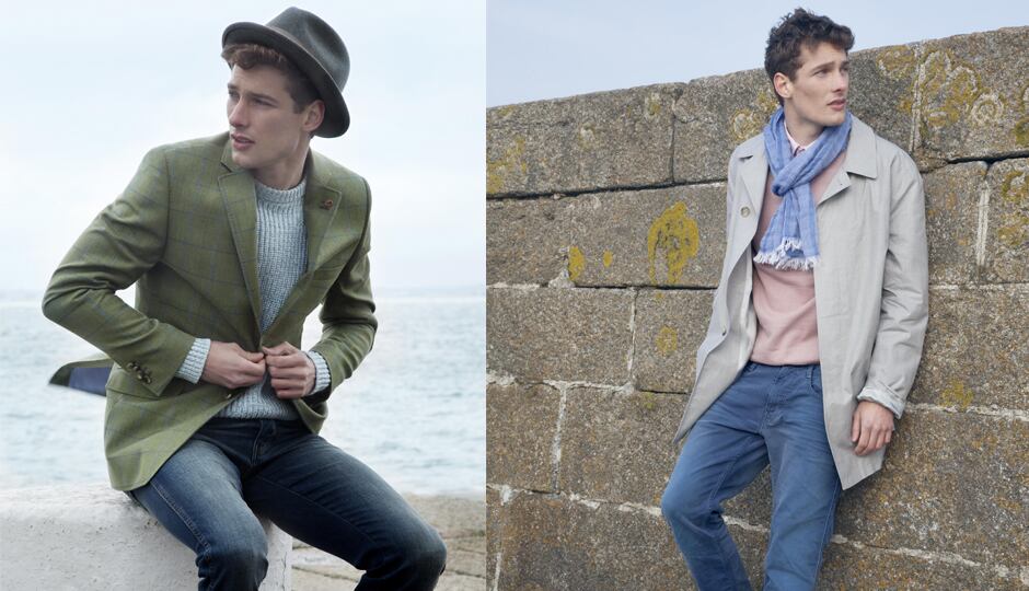 Right: parka jacket, €299, Paul Costello, blue knit jumper, €125, Reiss; jeans, €95, Wrangler; hat, €68, Bailey
Left: grey coat, €305, Nigel Hall; sweater, €85, Reese; jeans, €145, Replay; pink stripe shirt, €115, Gant; shoes, €85, KG Kurt Geiger; scarf, €49.50,Tommy Hilfiger