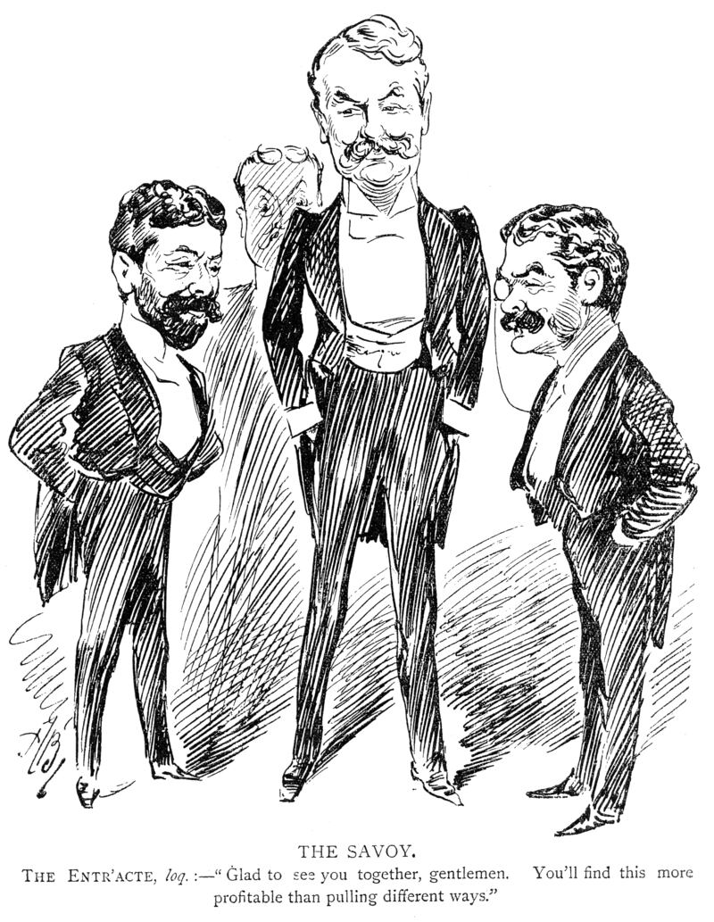 Richard D’Oyly Carte, WS Gilbert, and Arthur Sullivan together again for Utopia, Limited, after a long quarrel, by Alfred Bryan for Entr’acte Annual in 1894.