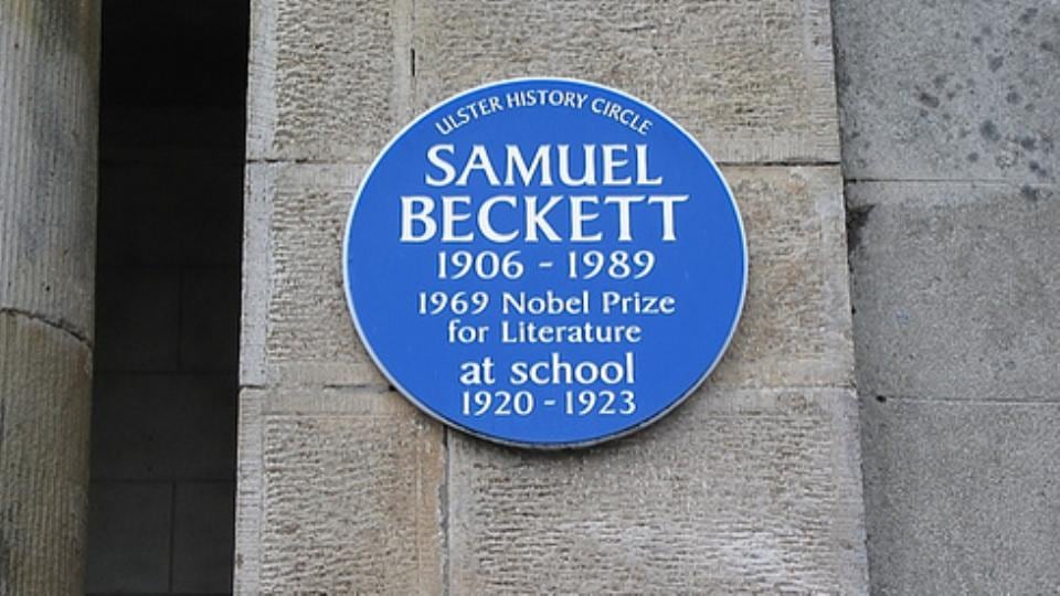 The plaque commemorating Samuel Beckett’s link to Portora, Enniskillen, Co Fermanagh: Their presence in Enniskillen is not as surprising as it might seem for Portora had a long-established link with Trinity College, Dublin