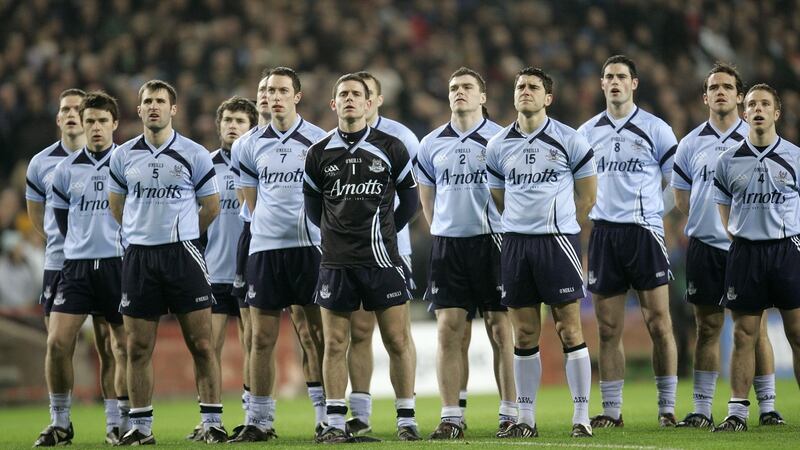 The Dublin team sing Amhrán na bhFiann before a National League game against Tyrone at Croke Park in 2009. Photograph: Dara Mac Dónaill