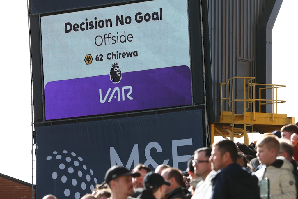 The LED board shows the decision to disallow Wolverhampton Wanderers' second goal scored by Max Kilman (not pictured) due to an offside on Tawanda Chirewa (not pictured
). Photograph: Matthew Lewis/Getty