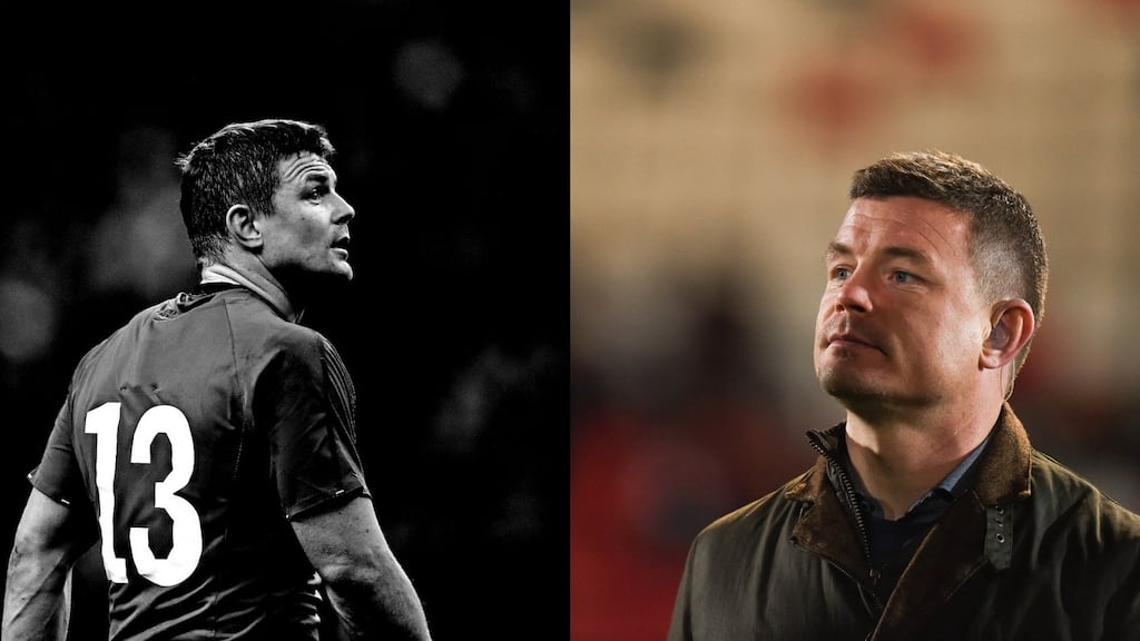 Brian O’Driscoll during the 2014 Six Nations (left), and on TV analysis duty (right). Photograph: Inpho (left) Getty images (right).
