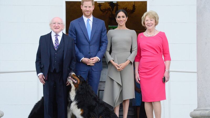 Prince Harry and Meghan Markle  at Áras an Uachtaráin with President Michael D Higgins and his wife Sabina, July 2018. Photograph: Cyril Byrne