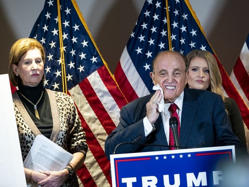 Sidney Powell, Rudy Giuliani and Jenna Ellis during a news conference in Washington. Photograph: Al Drago/Bloomberg