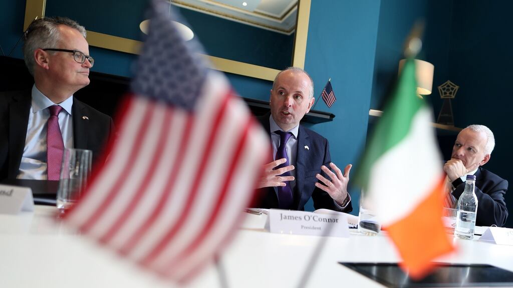 New American Chamber of Commerce president James O’Connor (centre), with chief executive Mark Redmond (left) and Barry O’Sullivan, chamber vice-president. Photograph: Maxwells