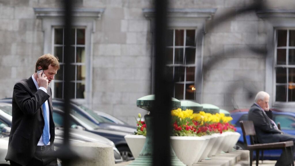 Outside the Dáil on Tuesday are Fianna Fáil’s Jim O Callaghan TD and Independent Mattie McGrath TD   as  talks to form a government continue. Photograph: Sam Boal/Rollingnews.ie