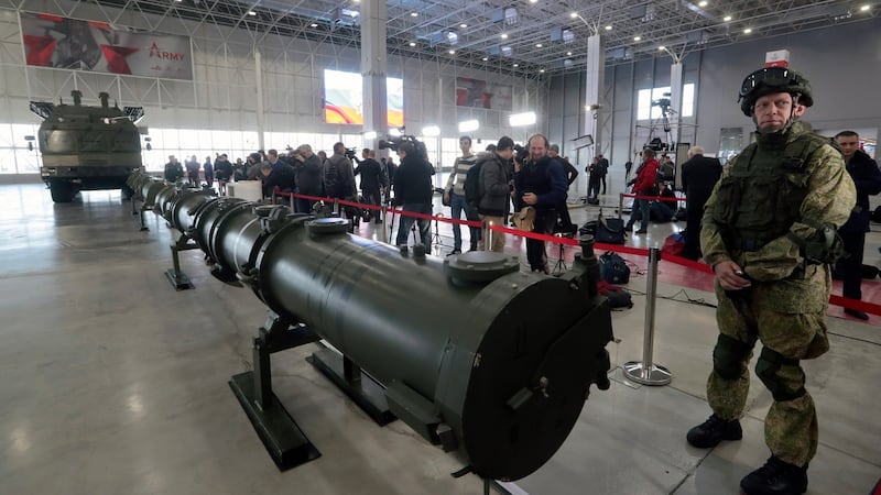 A Russian military serviceman stands near the Iskander M Missile complex during a briefing on the issue of creation ground-based cruise missile 9M729 at Patriot military exhibition center in Moscow region last month. Photograph: EPA