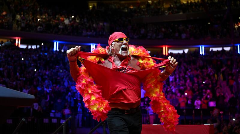 Terry Bollea appears in his wrestling persona, Hulk Hogan, during a campaign rally for Donald Trump. Photograph: Kenny Holston/The New York Times