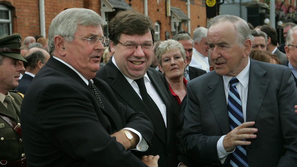 Former tánaiste Ray MacSharry with former taoisigh Brian Cowen and Albert Reynolds. Mr MacSharry has defended pension payments to politicians. File photograph: The Irish Times
