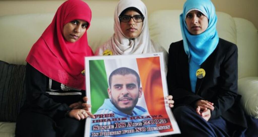 Omaima (left) Fatima and Somaia Halawa sisters of Ibrahim Halawa aged 18 who is currently in prison in Egypt, pictured in their home in Dublin. Photograph: Aidan Crawley