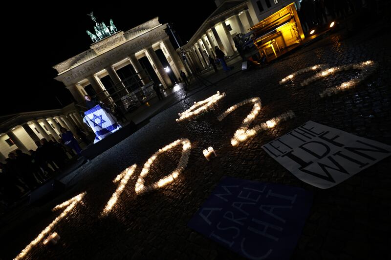 A commemoration event in front of the Brandenburg Gate in Berlin, Germany, one month after the Hamas-led attack on Israel in October 2023. Photograph: EPA