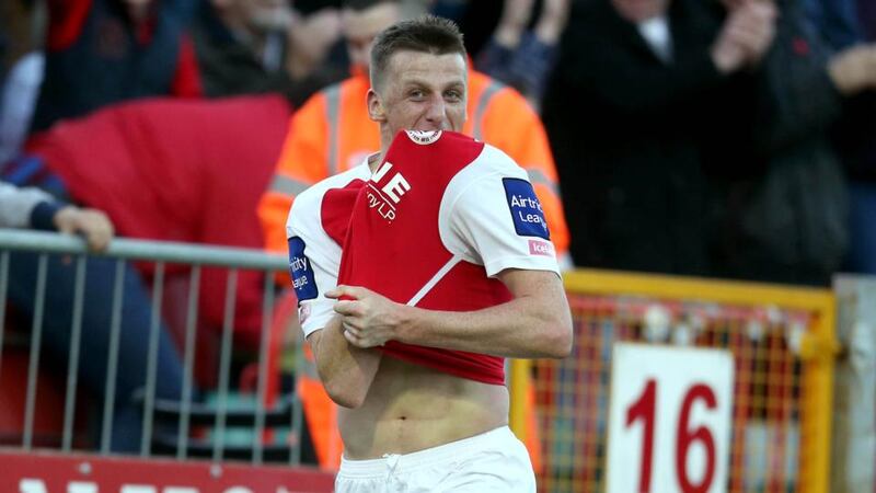 Anto Flood of St Pat’s celebrates scoring against Sligo Rovers. Photograph: Donall Farmer/Inpho