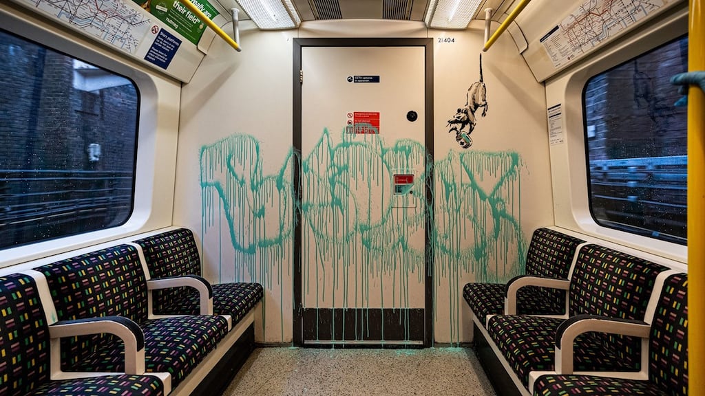 Banksy’s latest work sprayed on the inside of a London Underground tube carriage with messages about the spread of coronavirus. Photograph: @banksy/PA Wire