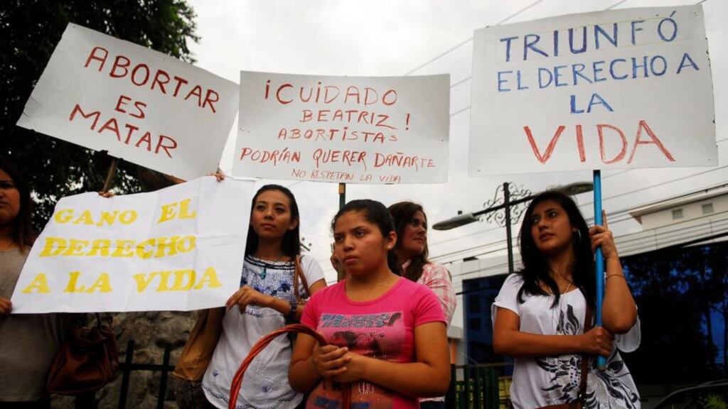 Anti-abortionists protest in San Salvador, El Salvador, in the days before a woman known as “Beatriz” had a Caesarean section to end her pregnancy. Photograph: Ulises Rodriguez/Reuters
