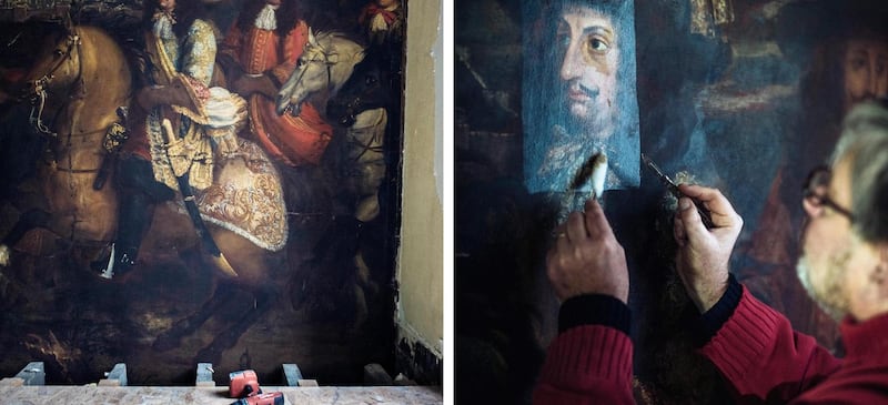 Oscar de la Renta treasure: the restoration is expected to be done by May; (right) Benoît Janson, a restoration specialist, works on the painting. Photograph: Julien Mignot/New York Times