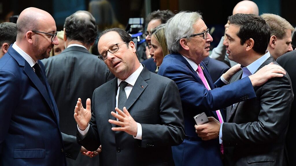 Belgian prime minister Charles Michel, French president Francois Hollande, European Commission president Jean-Claude Juncker and Greek prime minister Alexis Tsipras ahead of a European Union leaders’ summit at the European Council in Brussels. Photographh: Emmanuel Dunand/AFP/Getty Images
