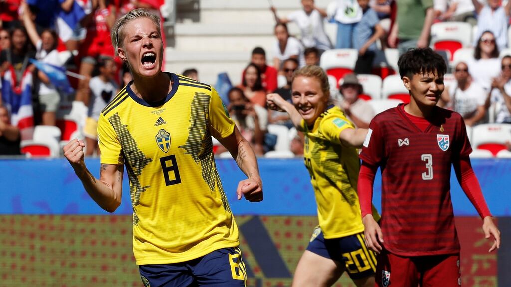 Sweden’s Lina Hurtig celebrates scoring their fourth goal in the Women’s Word Cup game against Thailand at Stade de Nice. Photograph: Eric Gaillard/Reuters