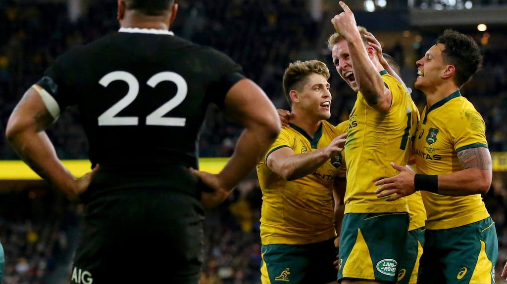 Reece Hodge of Australia celebrates his try during the 2019 Rugby Championship test match between Australia and New Zealand last Saturday. Photograph: James Worsfold/Getty Images