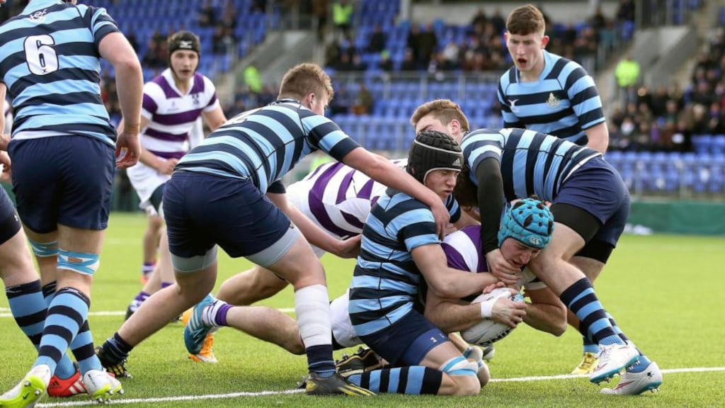 Clongowes’ William Connors scores the first try of the game at Donnybrook. Photograph: Ryan Byrne/Inpho