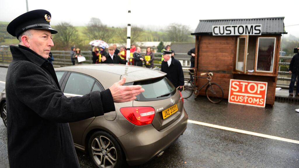 Border Communities Against Brexit set up an old customs post at Carrickcarnon between Dundalk and Newry. Photograph: Dara Mac Dónaill / The Irish Times