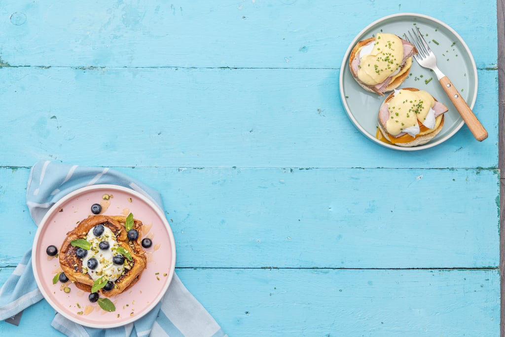 French toast with blueberries, honey and yoghurt; and eggs Benedict with thick Irish ham and hollandaise make great additions to a brunch. Photograph: Harry Weir