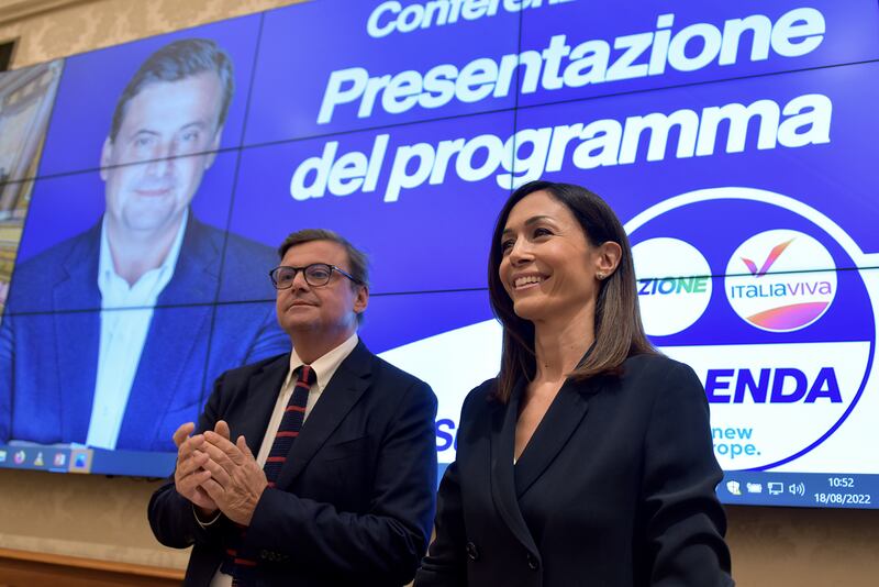 Carlo Calenda and Italy's minister for territorial cohesion Mara Carfagna at an election campaign launch on August 18th. Photograph: Simona Granati/Corbis via Getty Images