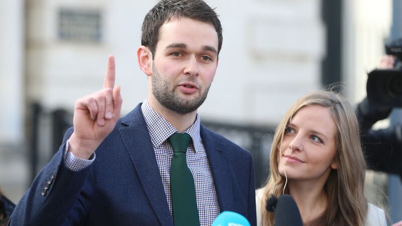 Daniel and Amy McArthur of Ashers Baking speak to the media outside Belfast High Court after losing their appeal against the ruling that they had discriminated against Gareth Lee. Photograph: Niall Carson/PA Wire