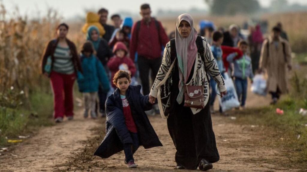 Walking the last few kilometres from Serbia to Croatia. Photograph: David Ramos/Getty Images
