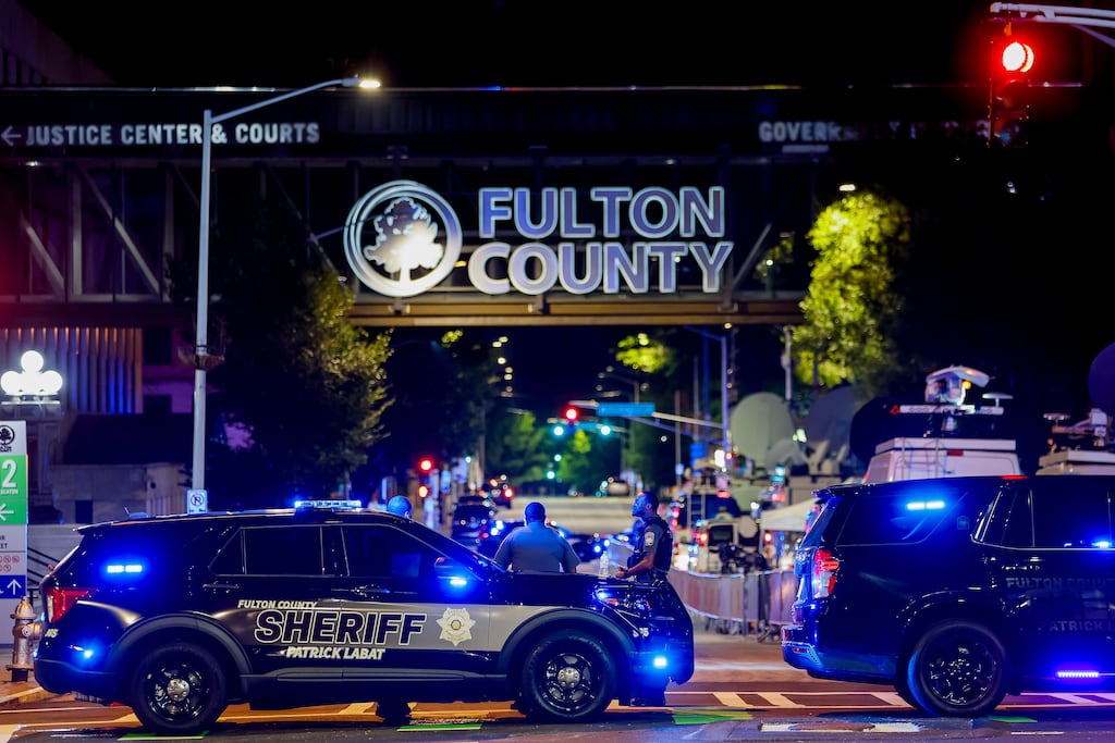 Fulton County Sheriff deputies provide enhanced security outside the Fulton County Courthouse and Justice Center after a grand jury indictment against former US president Donald Trump and 18 of his associates for 2020 election interference in Atlanta, Georgia. Photograph: EPA