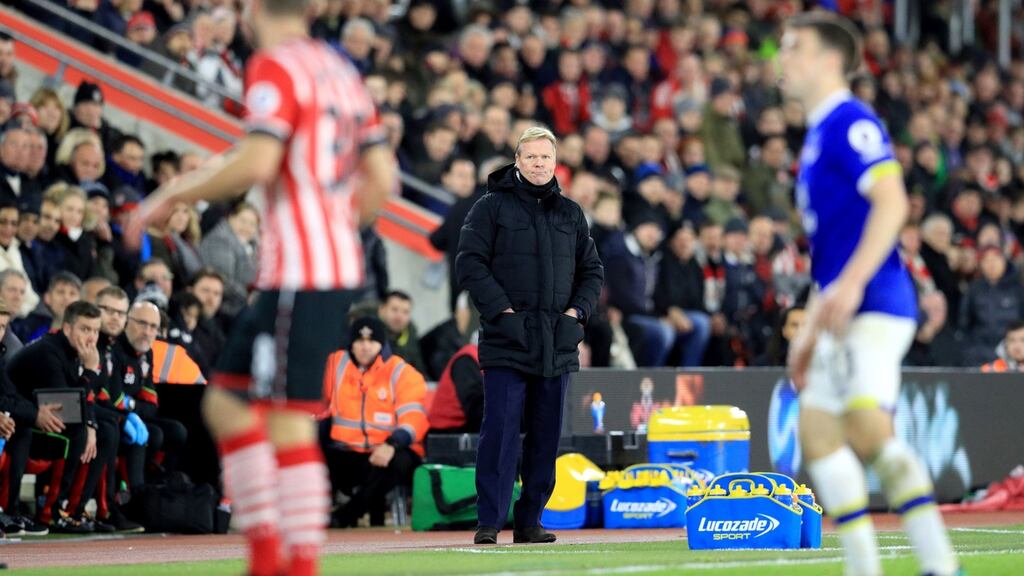 Everton manager Ronald Koeman looks on at St Mary’s Stadium during Sunday’s defeat. Photograph: PA