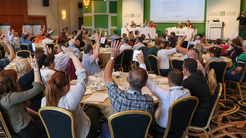 Members of the Citizens’ Assembly vote on the wording of the ballots that were to be subsequently voted on, in the Grand Hotel, Malahide, Co Dublin. Photograph: Maxwell’s