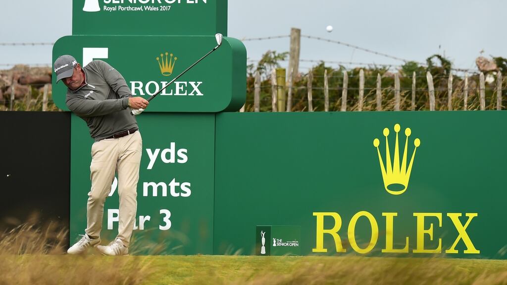 Paul McGinley tees off on the 5th hole during the first round of the the British Seniors Open at Royal Porthcawl in Bridgend, Wales. Photograph: Richard Martin-Roberts/Getty Images