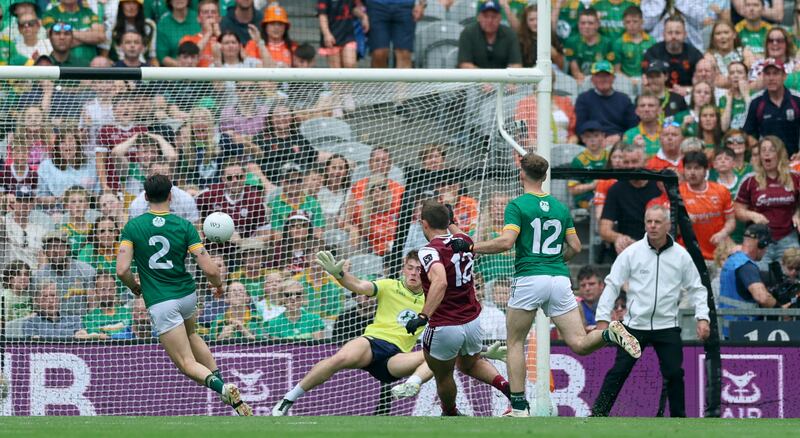 Galway’s Cillian McDaid scores his side's first goal in the All-Ireland semi-final against Meath. Photograph: James Crombie/Inpho