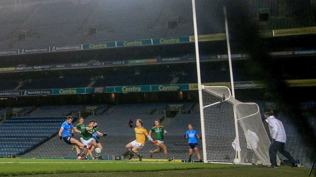 Dublin’s Dean Rock scores a goal during the Leinster SFC Final against Meath at Croke Park. Photograph: Bryan Keane/Inpho