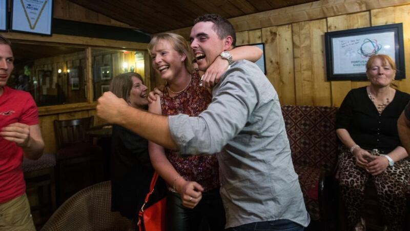 Alan Lowry (Shane’s brother) celebrates with his girlfriend Kate Whyte after Shane’s win in Ohio on Sunday night. Photograph: INPHO/Donall Farmer.