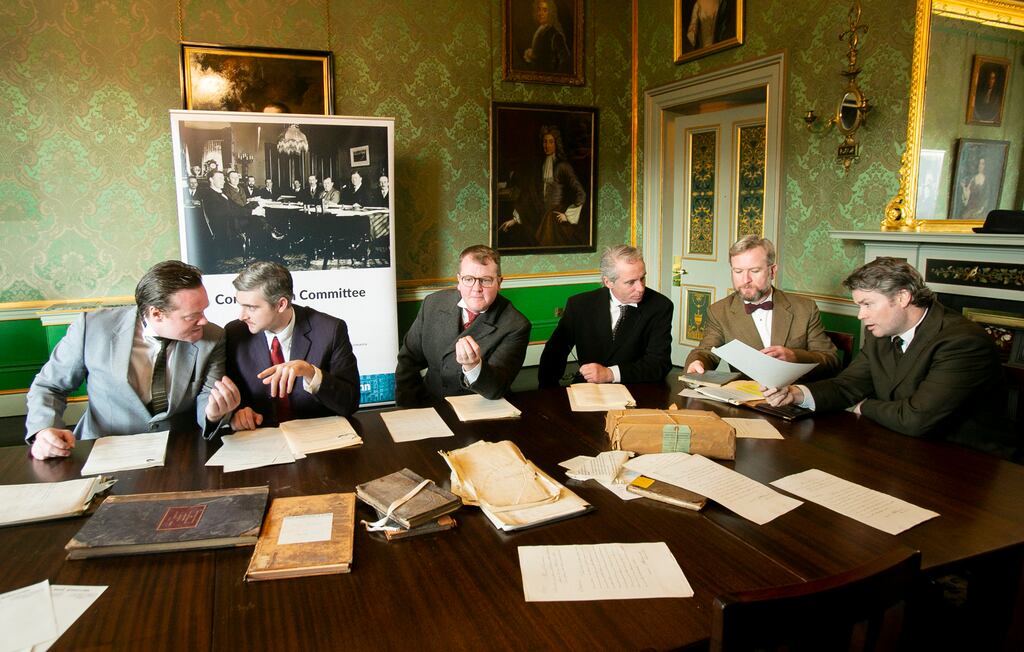 Performers Peter Gaynor, Liam Heslin, Garrett Lombard, Andrew Murray, Donncha O'Dea, and Michael Patric during a dress rehearsal of the theatrical re-enactment of the proceedings of the 1922 Constitution Committee. Photo: Gareth Chaney/ Collins Photos