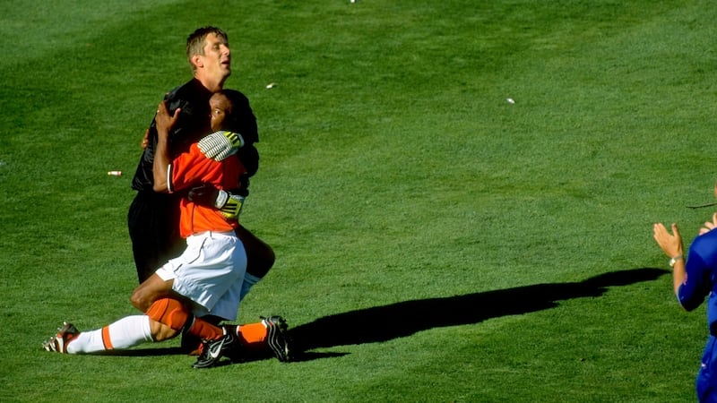 Holland’s goalkeeper Edwin van der Sar and Edgar Davids celebrate victory over Argentina in the 1998 World Cup. Photograph: Stu Forster/Allsport