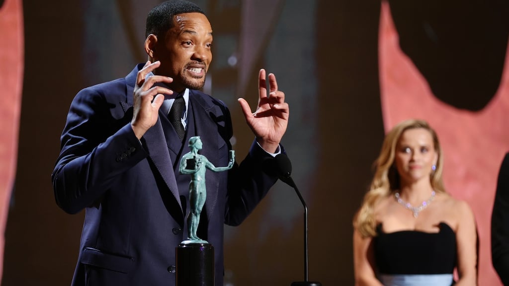 Will Smith accepted the Outstanding Performance by a Male Actor in a Leading Role award for King Richard. Photograph: Dimitrios Kambouris/Getty Images for WarnerMedia