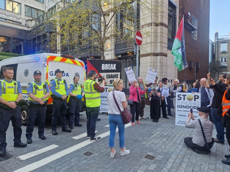 Protesters outside the Westbury hotel called for an end to the Central Bank of Ireland's regulation of Israeli bond sales in Europe