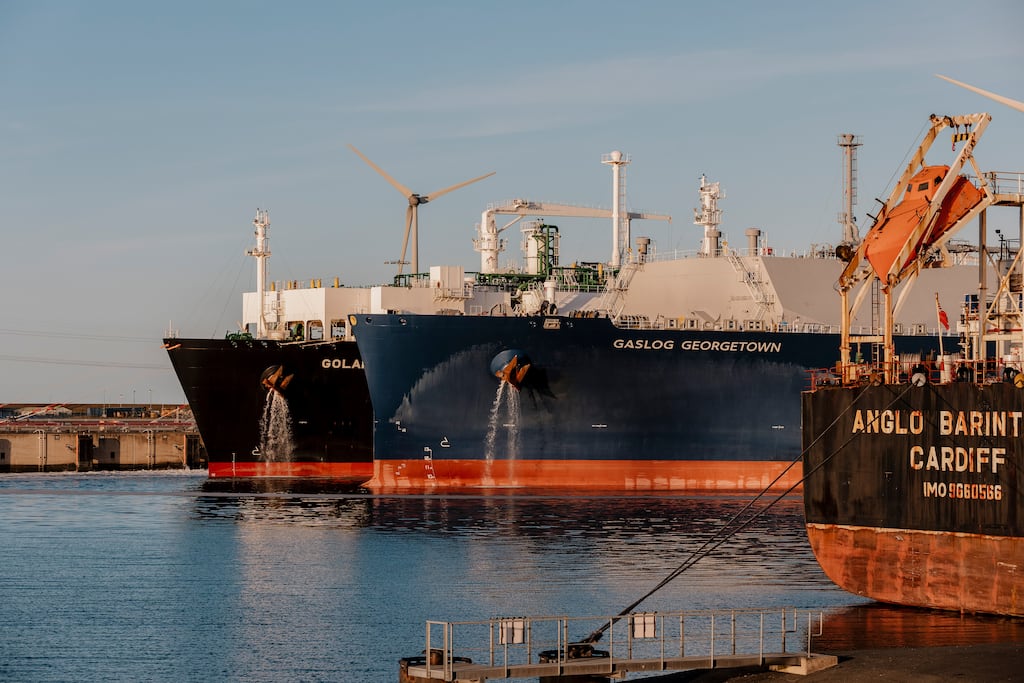Tankers unload liquefied natural gas (LNG) at the Eemshaven port in the Netherlands last month. Increased LNG imports into Europe have helped ease demand, sending gas spot prices falling. Photograph: Ilvy Njiokiktjien/The New York Times