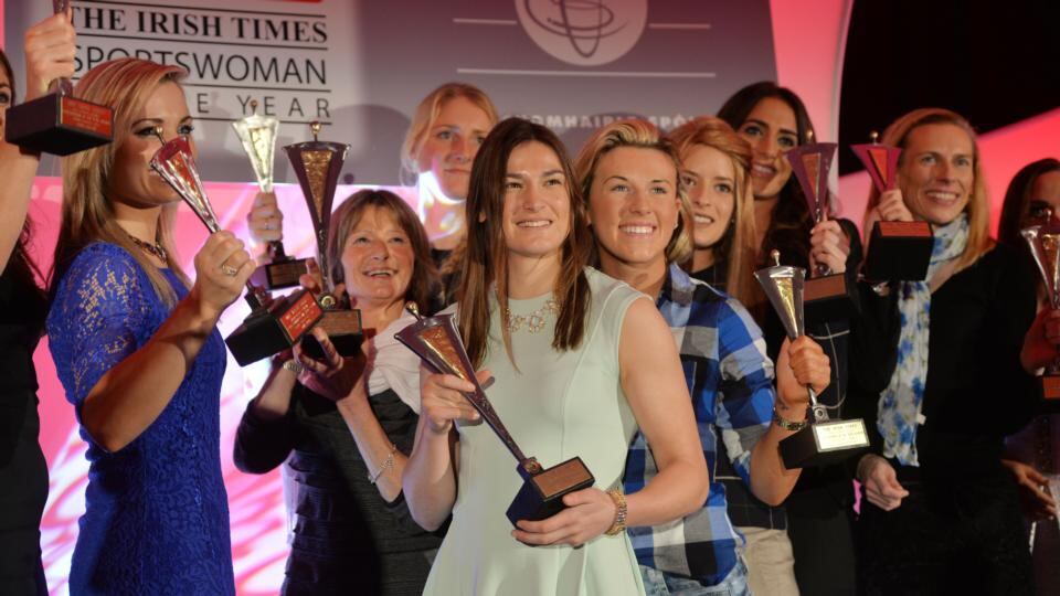 Joanna Morgan, winner of the Lifetime Achievement Award and Katie Taylor winner of the Sportswoman of the Year 2014 surrounded by the monthly winners on stage at the 10th Annual The Irish Times/Irish Sports Council Sportswoman of the Year awards at The Shelbourne Hotel. Photograph: Alan Betson/The Irish Times