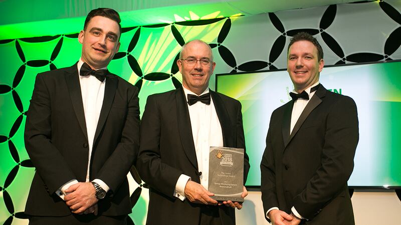 Padraig Ryan, Grant Thornton Ireland, presents The Green Technology award to Kevin McCarthy & Frank Casey, ResourceKraft Energy Management Solutions.