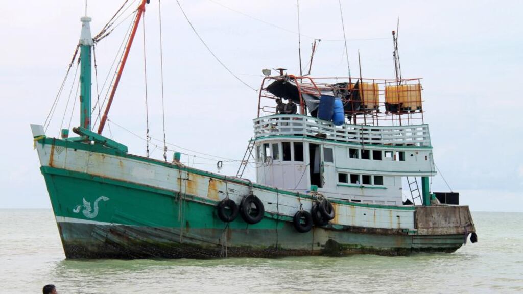 A traditional Thai style fishing boat which was used by Myanmar Rohingya refugees. Indonesia rescued more than 500 Myanmar Rohingya found drifting in boats. Rohingya Muslims have suffered decades of state-sanctioned discrimination  in Myanmar. EPA